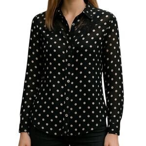 AMERICAN RAG Sz S Black & White Polka Dot Lace Shoulders Button Up Sheer | GUC